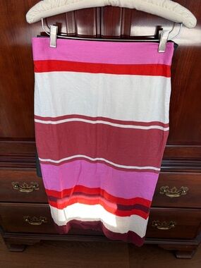 Ann Taylor Pink, Red, White and Burgundy Striped Midi Skirt
